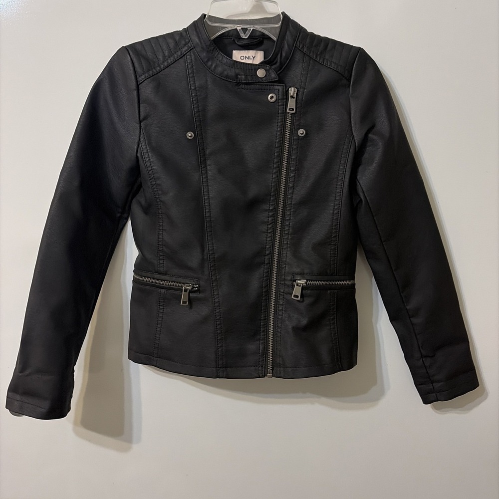 Girls motorcycle jacket sz 11 Faux Leather Zips Spring Jacket Chic Long Sleeve